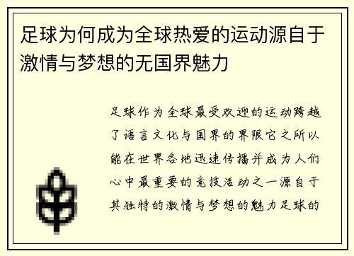 足球为何成为全球热爱的运动源自于激情与梦想的无国界魅力