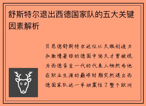 舒斯特尔退出西德国家队的五大关键因素解析 舒斯特尔退出西德国家队的五大关键因素解析