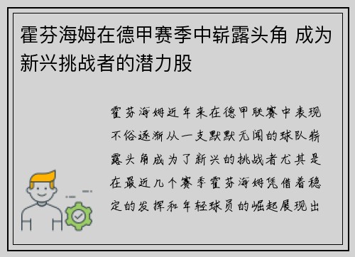 霍芬海姆在德甲赛季中崭露头角 成为新兴挑战者的潜力股