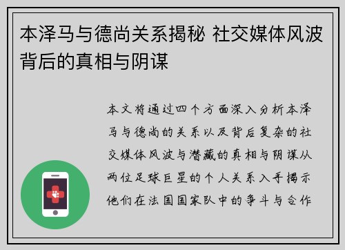 本泽马与德尚关系揭秘 社交媒体风波背后的真相与阴谋